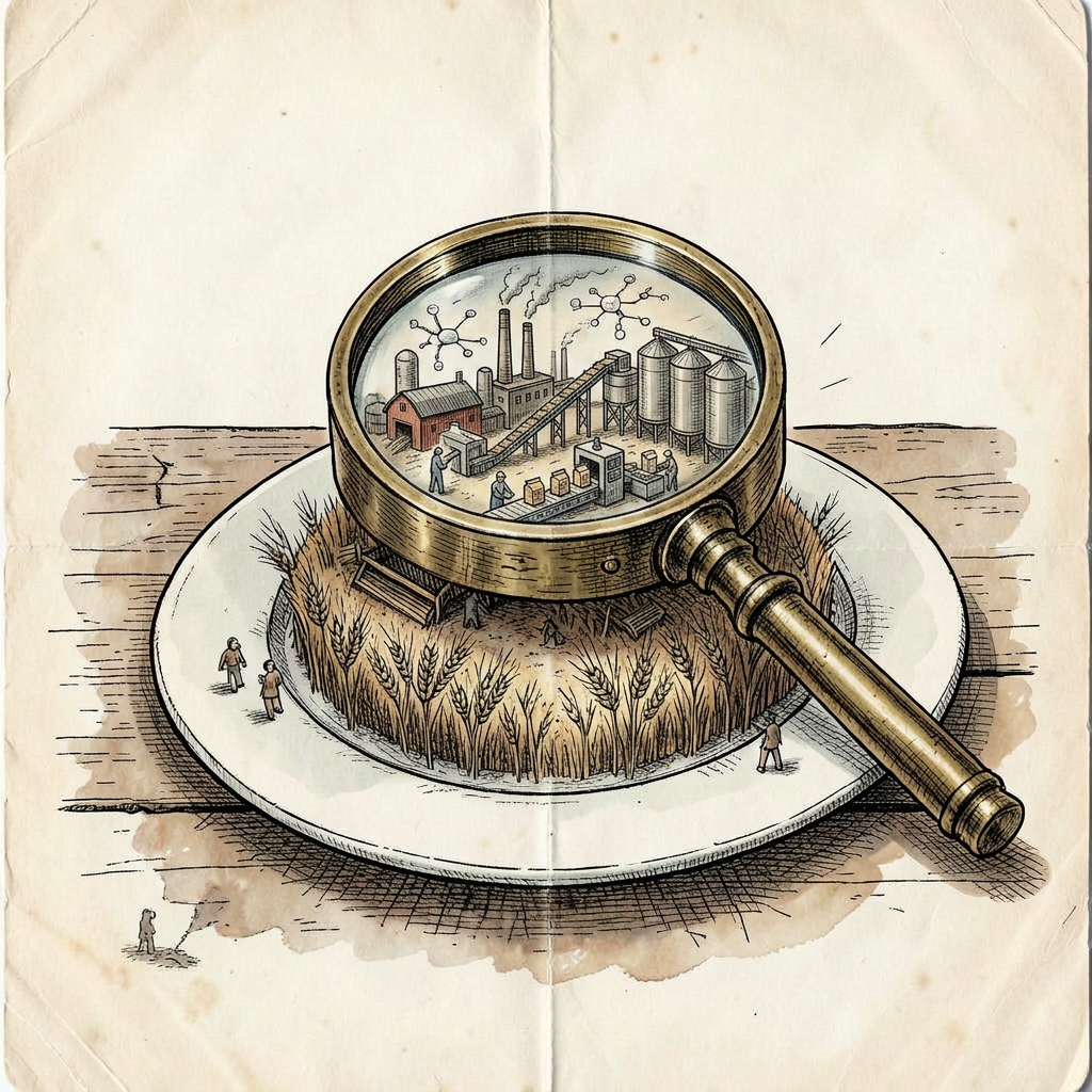 Engraved illustration of a ploughed field becoming a dining table, with factory, subsidy stamp, supermarket shelf and spoon connected by supply lines to an anatomical figure