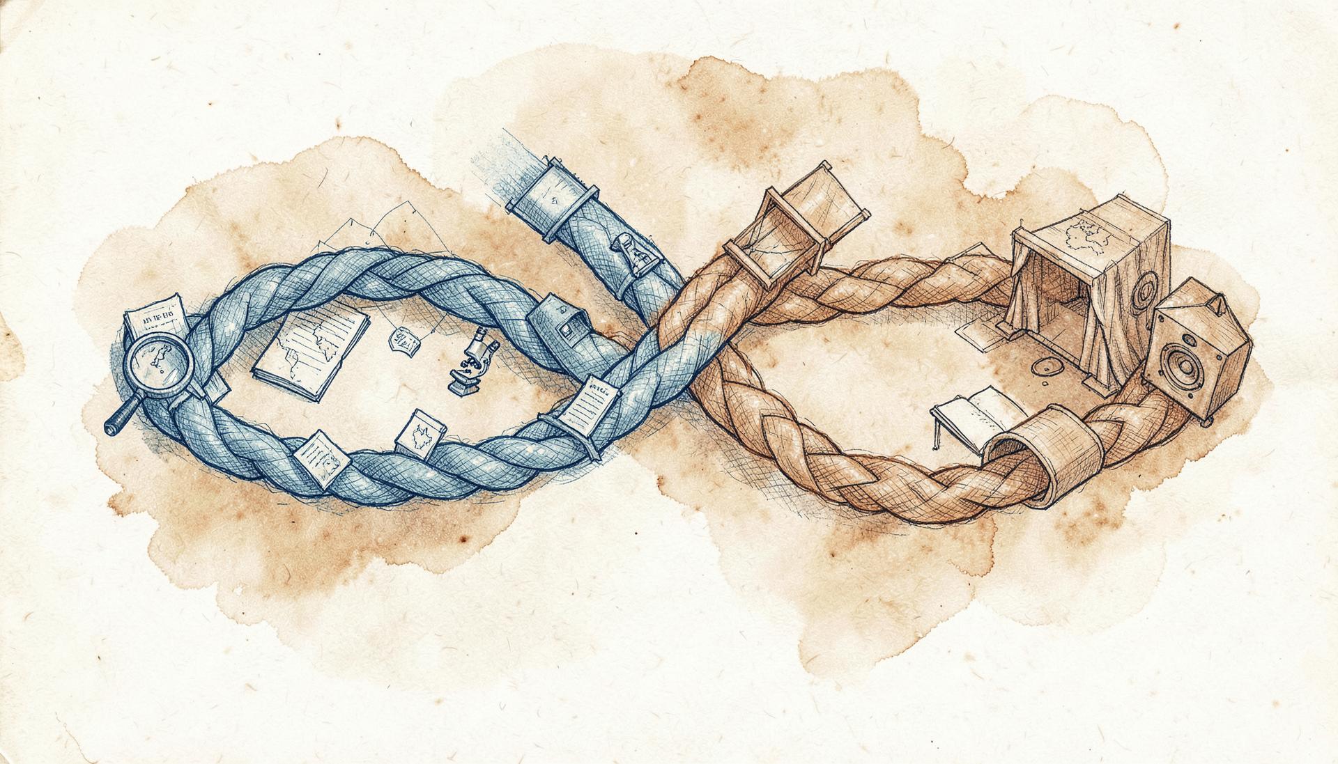 Engraving of a green Lab rope and a pink Studio rope braided into one strand, sprouting research instruments and instruments of experience.