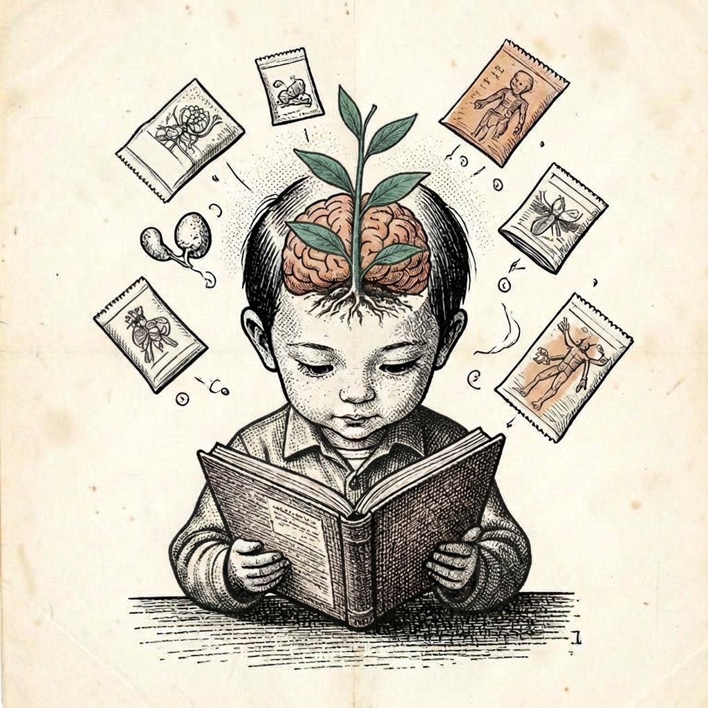 Engraving of a child reading, a seedling growing from the head, surrounded by floating food packages