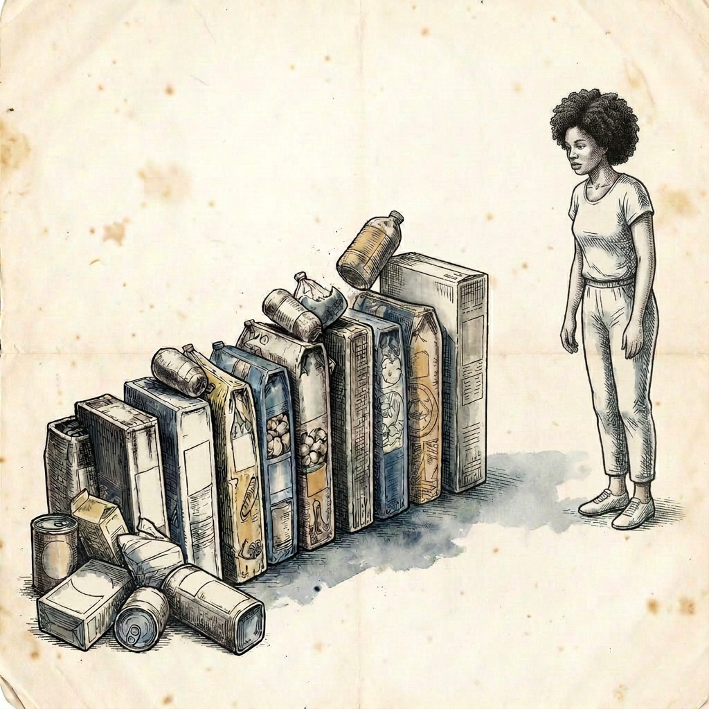 Engraving of the same person twice, with a loop of food packages feeding from one to the other