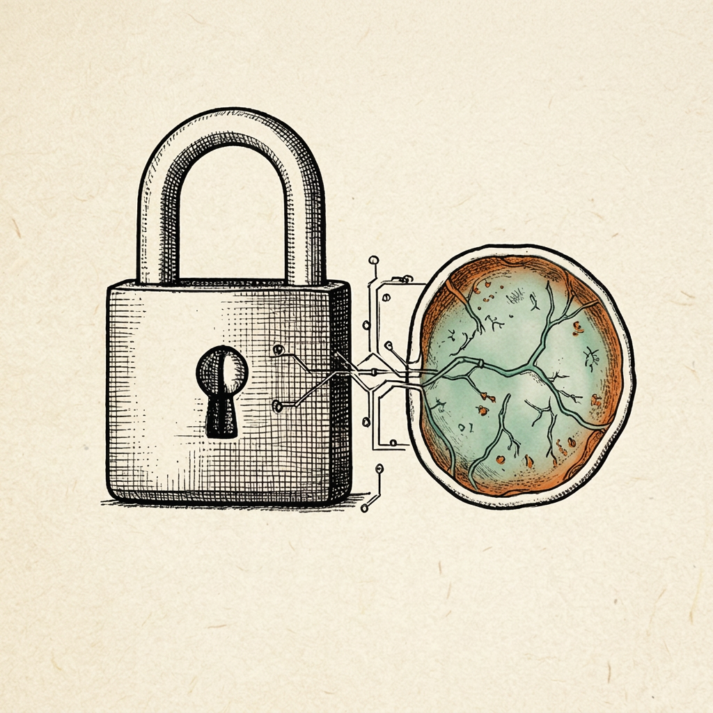 Engraving of a digital padlock and a biological cell as mirror images of the same system