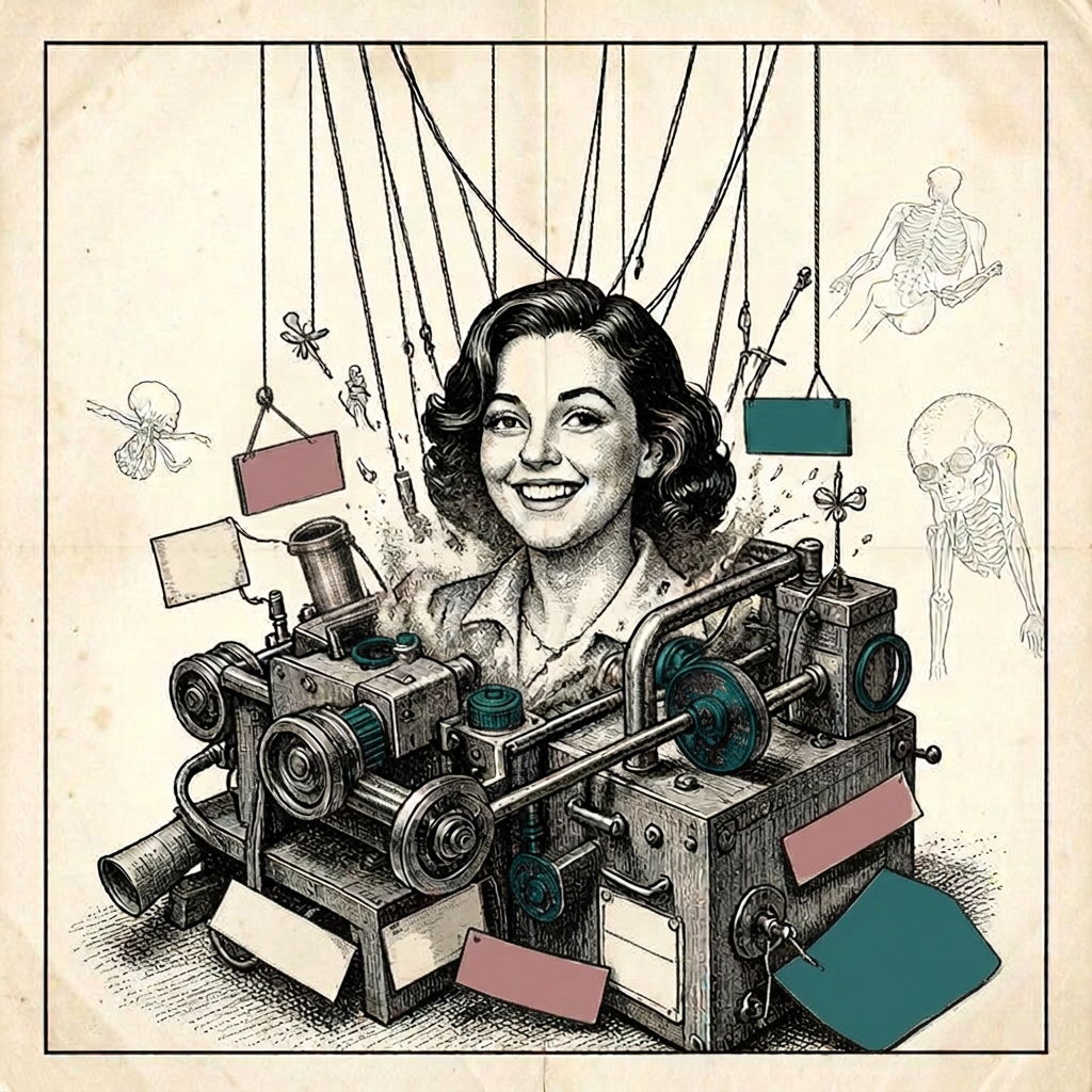 Engraving of a mid-century advertisement woman dissolving into machinery and hanging commercial tags