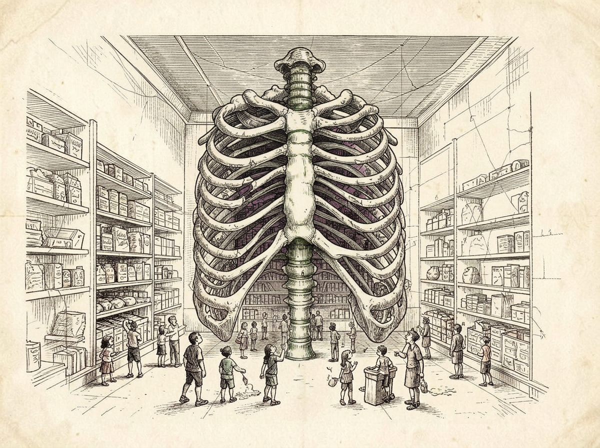 Engraving of a ribcage built from retail shelving, from the Studio work Perceptible Systems