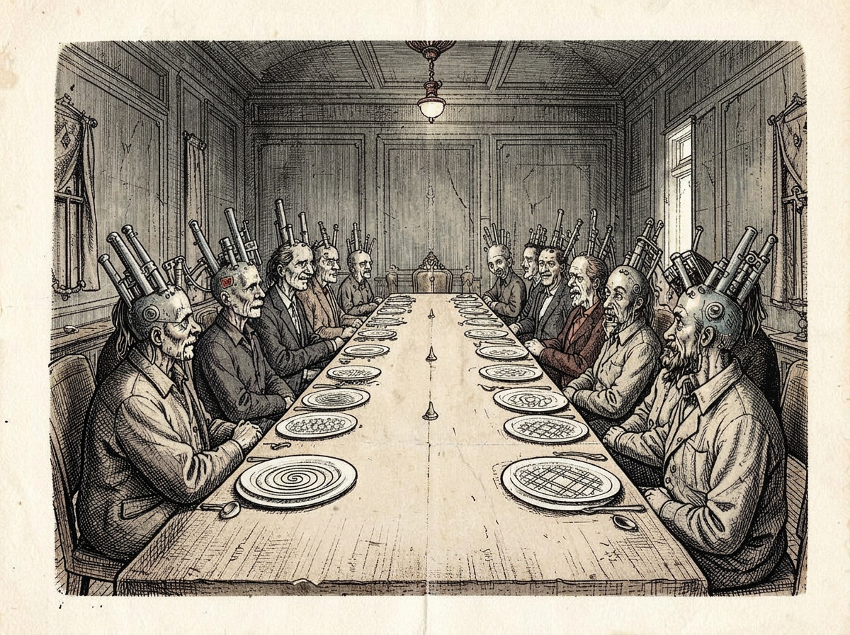 Engraving of a committee dinner table where each course carries a regulation, from the Studio work A Dinner of Regulations